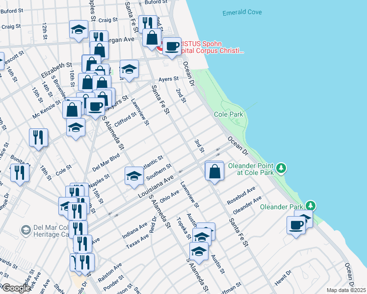 map of restaurants, bars, coffee shops, grocery stores, and more near 213 Atlantic Street in Corpus Christi