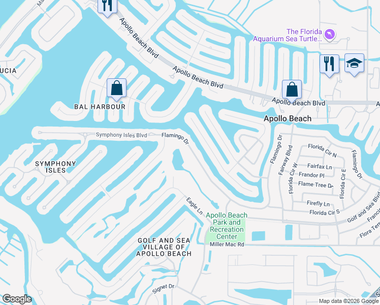 map of restaurants, bars, coffee shops, grocery stores, and more near 744 Flamingo Drive in Apollo Beach