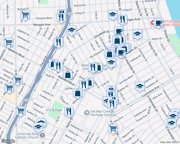 map of restaurants, bars, coffee shops, grocery stores, and more near 1641 17th Street in Corpus Christi