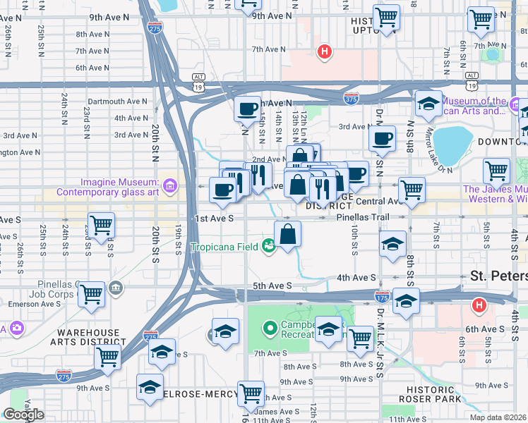 map of restaurants, bars, coffee shops, grocery stores, and more near 1320 Central Avenue in St. Petersburg