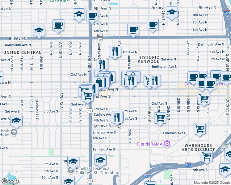 map of restaurants, bars, coffee shops, grocery stores, and more near 822 Central Avenue in St. Petersburg