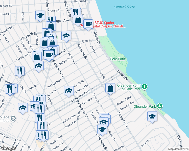map of restaurants, bars, coffee shops, grocery stores, and more near 213 Atlantic Street in Corpus Christi
