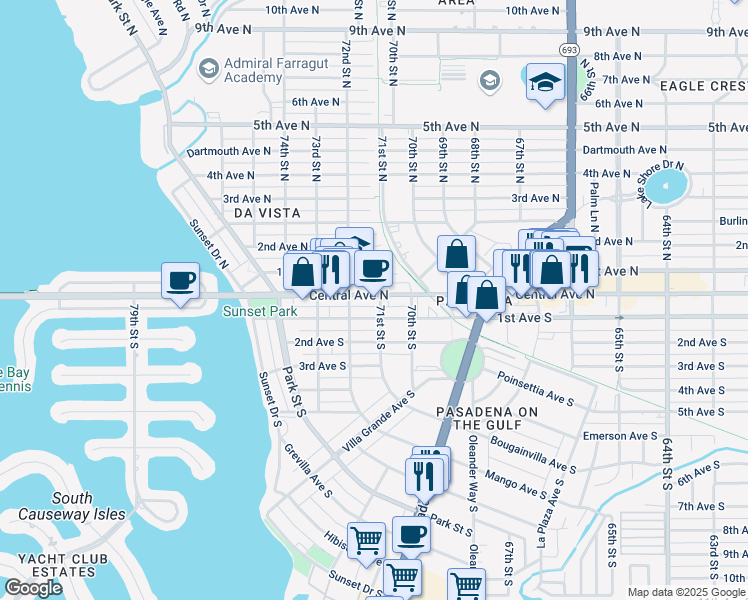 map of restaurants, bars, coffee shops, grocery stores, and more near 7108 Central Avenue in St. Petersburg