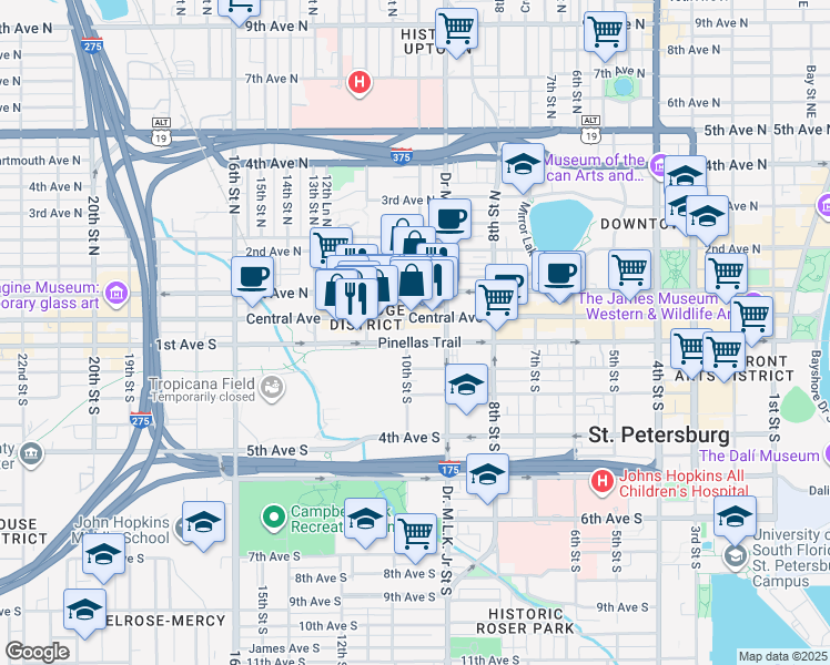 map of restaurants, bars, coffee shops, grocery stores, and more near 1000 Central Avenue in St. Petersburg