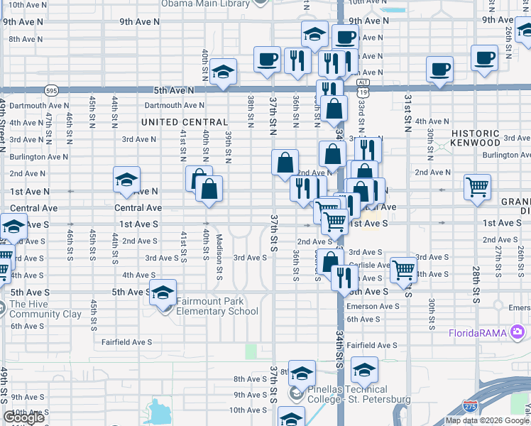 map of restaurants, bars, coffee shops, grocery stores, and more near 3773 Central Avenue in St. Petersburg