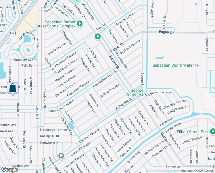 map of restaurants, bars, coffee shops, grocery stores, and more near 550 Breakwater Terrace in Sebastian