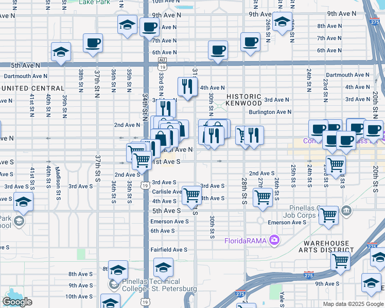 map of restaurants, bars, coffee shops, grocery stores, and more near 3100 Central Avenue in St. Petersburg