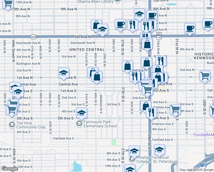 map of restaurants, bars, coffee shops, grocery stores, and more near 3859 Central Avenue in St. Petersburg