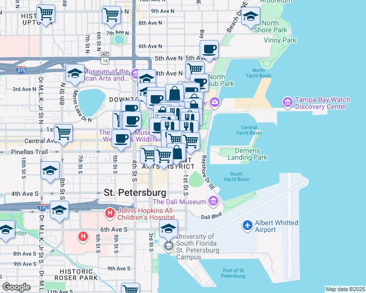 map of restaurants, bars, coffee shops, grocery stores, and more near 11 Beach Drive Southeast in St. Petersburg