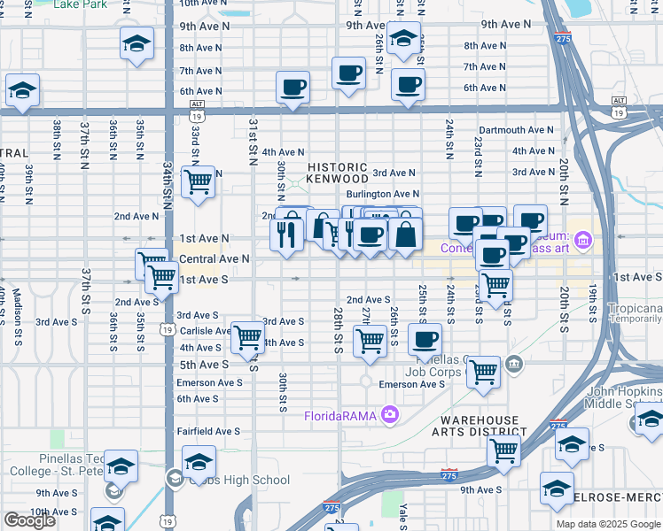 map of restaurants, bars, coffee shops, grocery stores, and more near 2756 1/2 Central Avenue in St. Petersburg