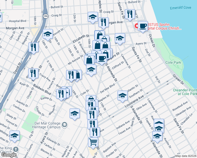 map of restaurants, bars, coffee shops, grocery stores, and more near 1737 South Brownlee Boulevard in Corpus Christi