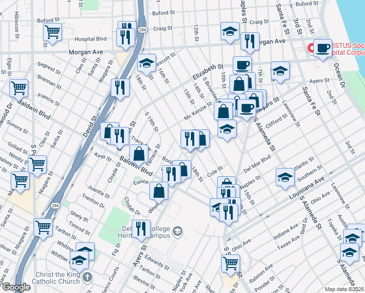 map of restaurants, bars, coffee shops, grocery stores, and more near 1641 17th Street in Corpus Christi