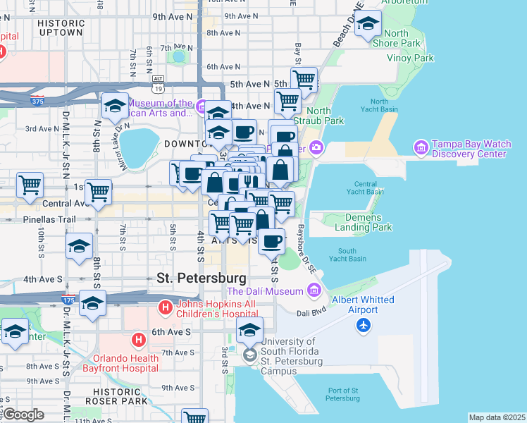 map of restaurants, bars, coffee shops, grocery stores, and more near in St. Petersburg