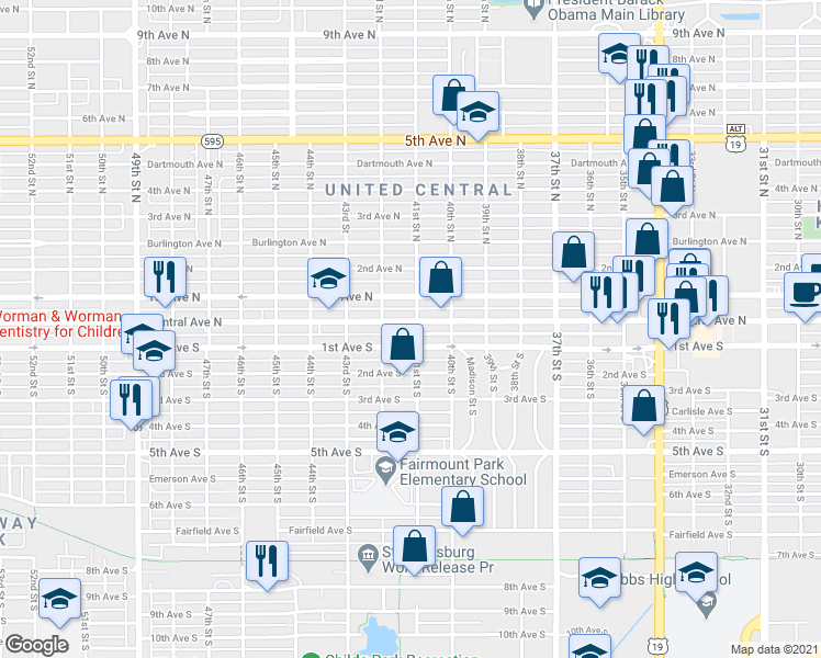 map of restaurants, bars, coffee shops, grocery stores, and more near 4108 Central Avenue North in St. Petersburg