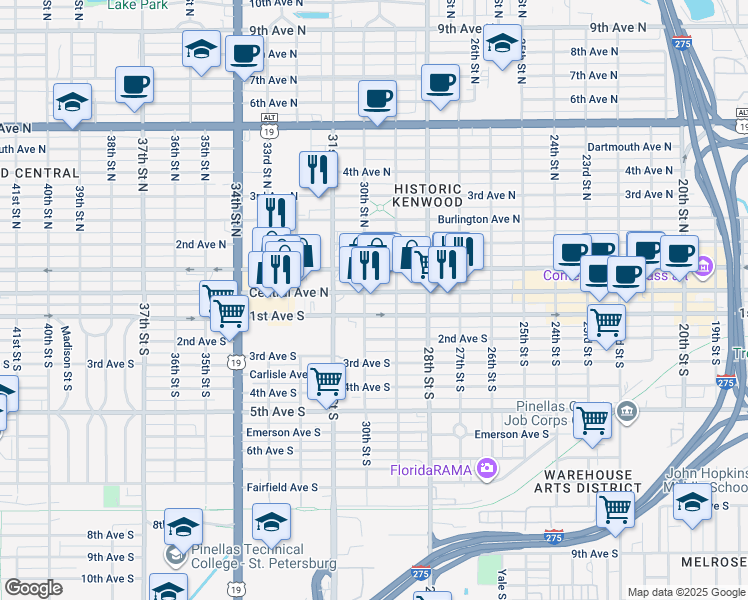 map of restaurants, bars, coffee shops, grocery stores, and more near 3005 Central Avenue in St. Petersburg