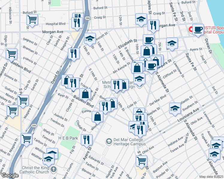 map of restaurants, bars, coffee shops, grocery stores, and more near 1641 17th Street in Corpus Christi