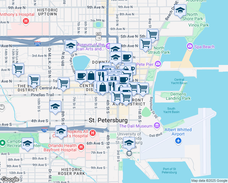 map of restaurants, bars, coffee shops, grocery stores, and more near 360 Central Avenue in St. Petersburg