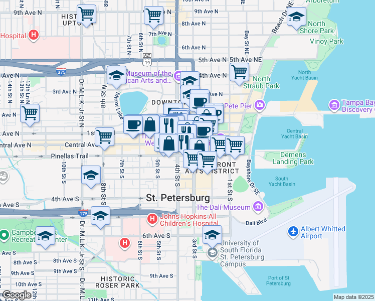 map of restaurants, bars, coffee shops, grocery stores, and more near 360 Central Avenue in St. Petersburg