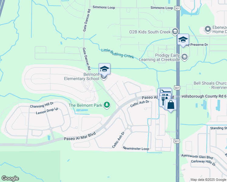 map of restaurants, bars, coffee shops, grocery stores, and more near 10128 Point Given Court in Ruskin