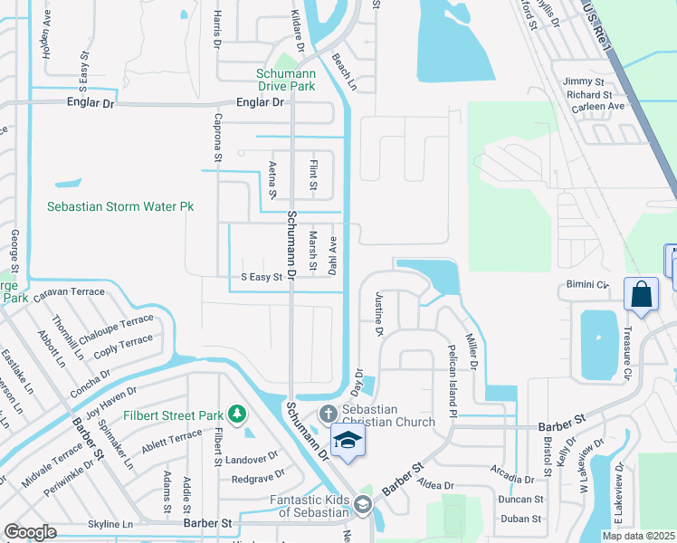 map of restaurants, bars, coffee shops, grocery stores, and more near 118 Dahl Avenue in Sebastian