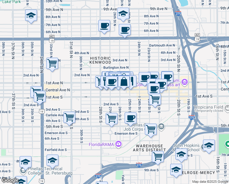 map of restaurants, bars, coffee shops, grocery stores, and more near 2706 Central Avenue in St. Petersburg