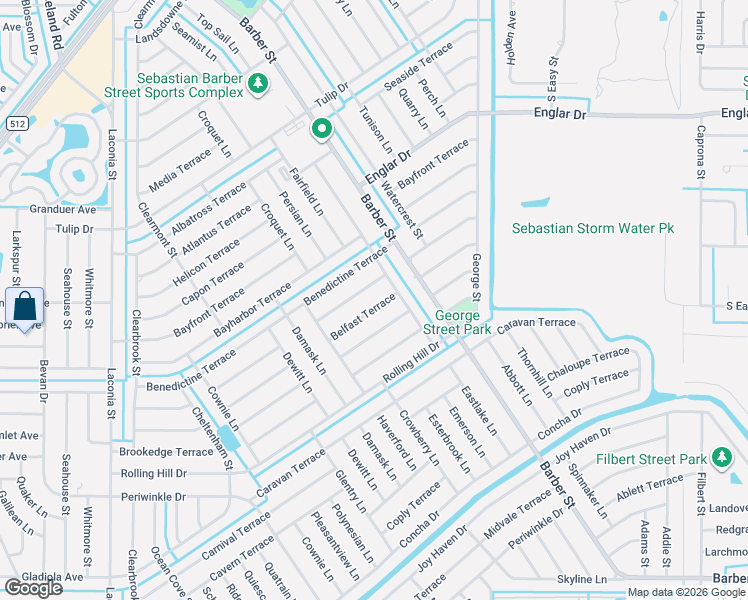 map of restaurants, bars, coffee shops, grocery stores, and more near 534 Breakwater Terrace in Sebastian