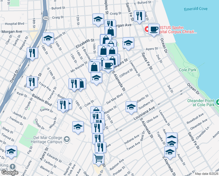 map of restaurants, bars, coffee shops, grocery stores, and more near 525 Clifford Street in Corpus Christi