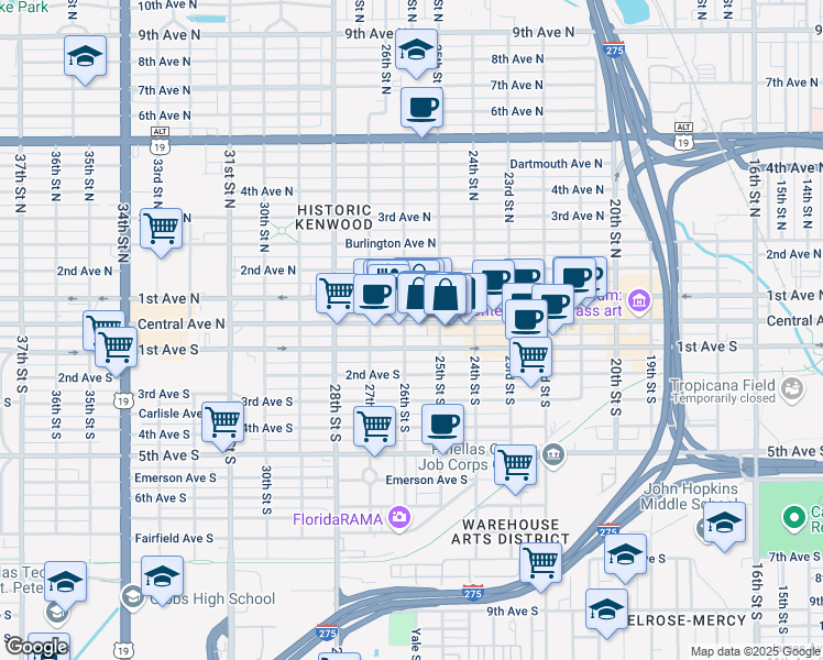 map of restaurants, bars, coffee shops, grocery stores, and more near 2530 Central Avenue in St. Petersburg