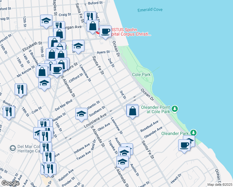 map of restaurants, bars, coffee shops, grocery stores, and more near 213 Atlantic Street in Corpus Christi