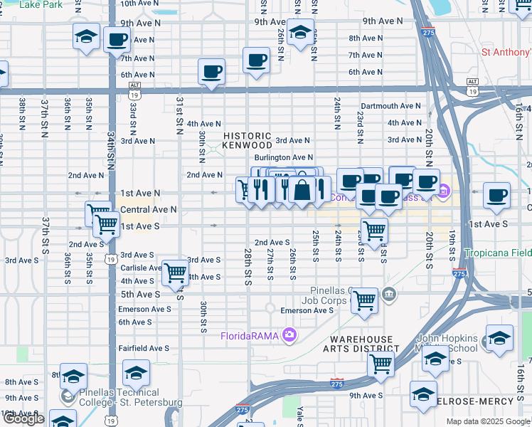 map of restaurants, bars, coffee shops, grocery stores, and more near 2706 Central Avenue in St. Petersburg