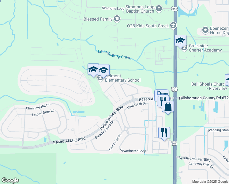 map of restaurants, bars, coffee shops, grocery stores, and more near 10128 Point Given Court in Ruskin