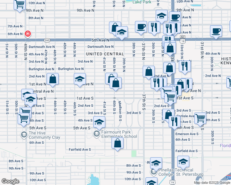 map of restaurants, bars, coffee shops, grocery stores, and more near 3962 Central Avenue North in St. Petersburg