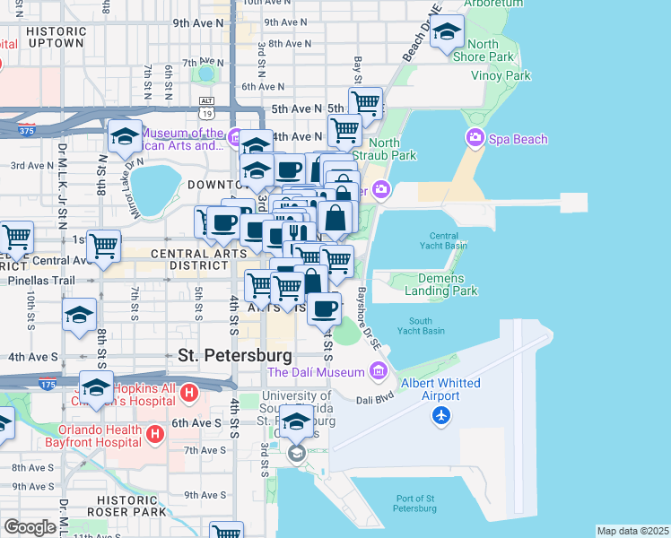 map of restaurants, bars, coffee shops, grocery stores, and more near 11 Beach Drive Southeast in St. Petersburg