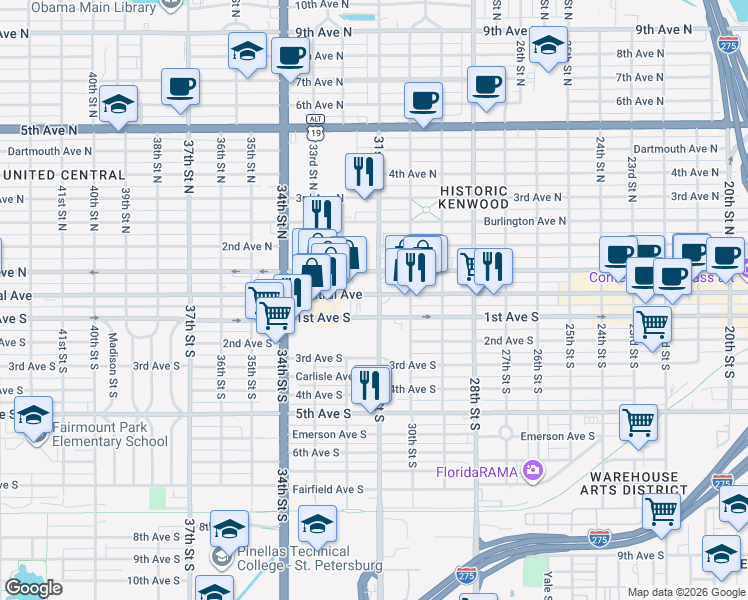 map of restaurants, bars, coffee shops, grocery stores, and more near 822 Central Avenue in St. Petersburg