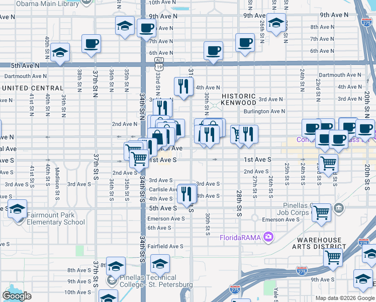 map of restaurants, bars, coffee shops, grocery stores, and more near 822 Central Avenue in St. Petersburg