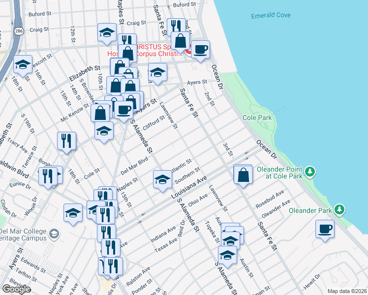 map of restaurants, bars, coffee shops, grocery stores, and more near 405 Del Mar Boulevard in Corpus Christi