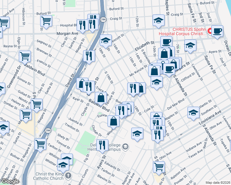 map of restaurants, bars, coffee shops, grocery stores, and more near 2505 Fig Street in Corpus Christi