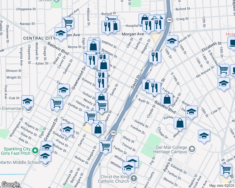 map of restaurants, bars, coffee shops, grocery stores, and more near 2729 Niagara Street in Corpus Christi