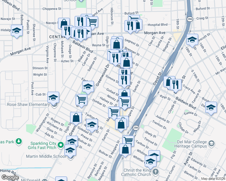 map of restaurants, bars, coffee shops, grocery stores, and more near 2604 Goliad Street in Corpus Christi