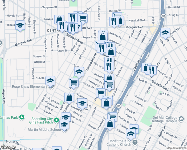 map of restaurants, bars, coffee shops, grocery stores, and more near 2604 Goliad Street in Corpus Christi