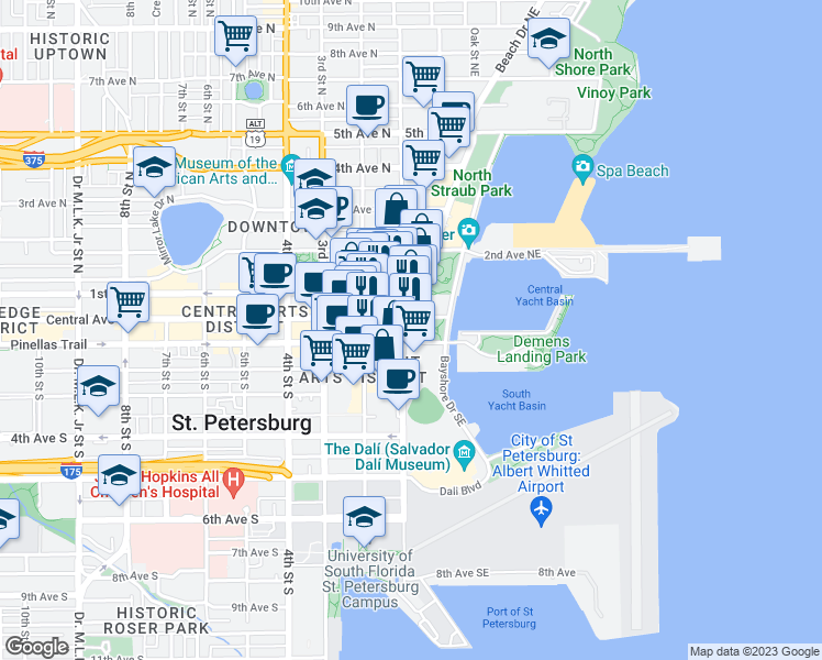 map of restaurants, bars, coffee shops, grocery stores, and more near 11 Beach Drive Southeast in St. Petersburg
