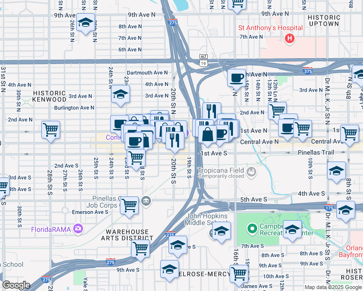 map of restaurants, bars, coffee shops, grocery stores, and more near 1900 Central Avenue in St. Petersburg