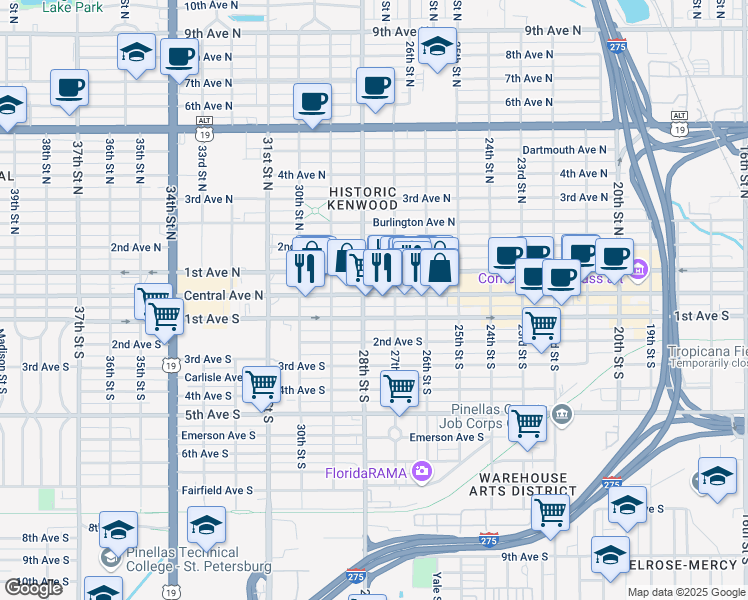 map of restaurants, bars, coffee shops, grocery stores, and more near 2756 1/2 Central Avenue in St. Petersburg