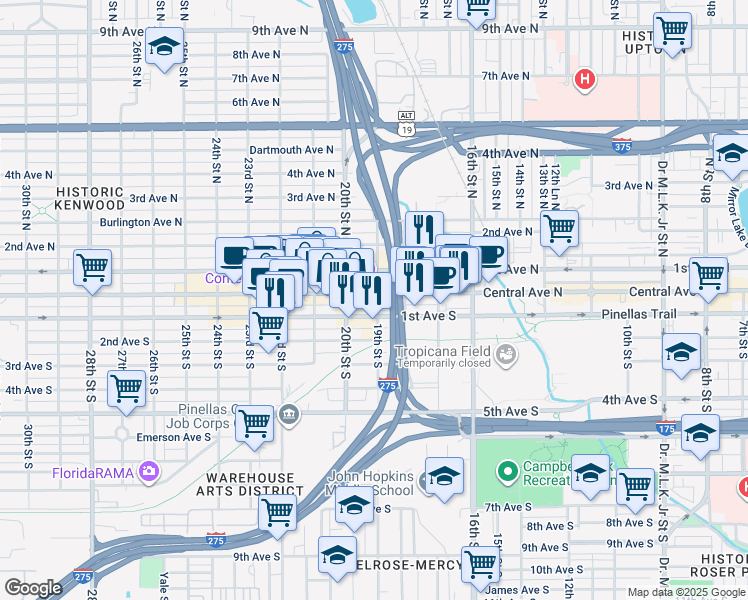 map of restaurants, bars, coffee shops, grocery stores, and more near 1900 Central Avenue in St. Petersburg