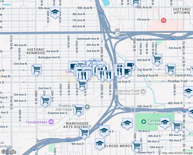 map of restaurants, bars, coffee shops, grocery stores, and more near 2042 Central Avenue in St. Petersburg