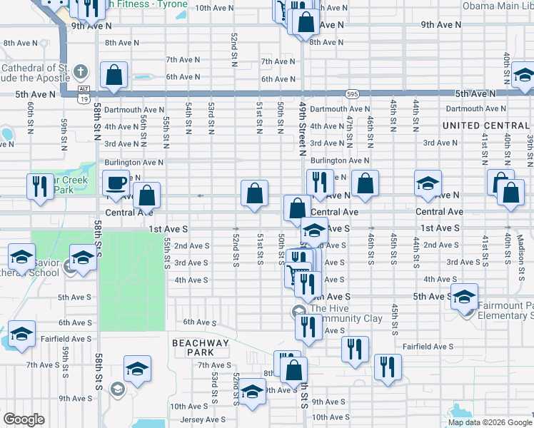 map of restaurants, bars, coffee shops, grocery stores, and more near 5050 Central Avenue in St. Petersburg
