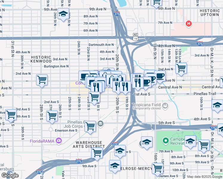 map of restaurants, bars, coffee shops, grocery stores, and more near 2042 Central Avenue in St. Petersburg