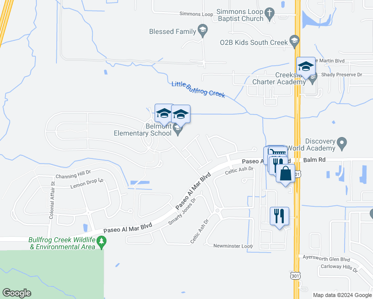 map of restaurants, bars, coffee shops, grocery stores, and more near 14209 War Admiral Place in Sun City Center
