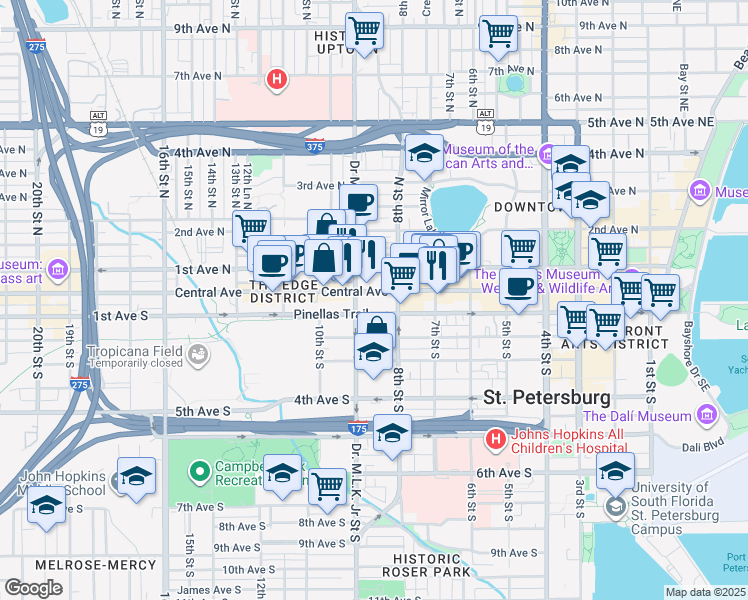 map of restaurants, bars, coffee shops, grocery stores, and more near 830 Central Avenue in St. Petersburg