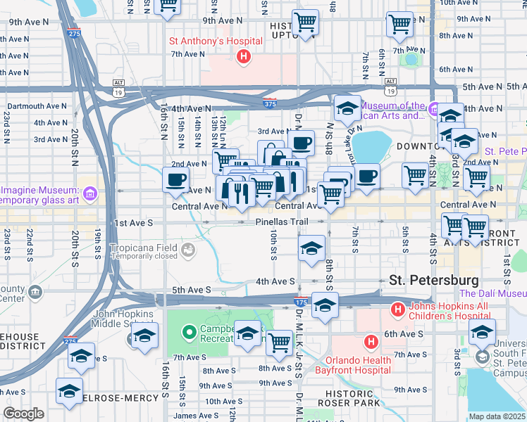 map of restaurants, bars, coffee shops, grocery stores, and more near 1000 Central Avenue in St. Petersburg